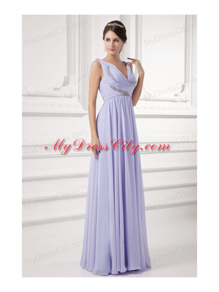 Elegant Empire Lavender V-neck Long Chiffon Prom Dress with Beading
