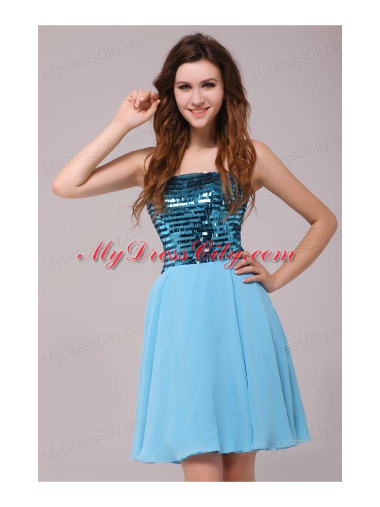 Empire Sequins Strapless Knee-length Light Blue Prom Cocktail Dress