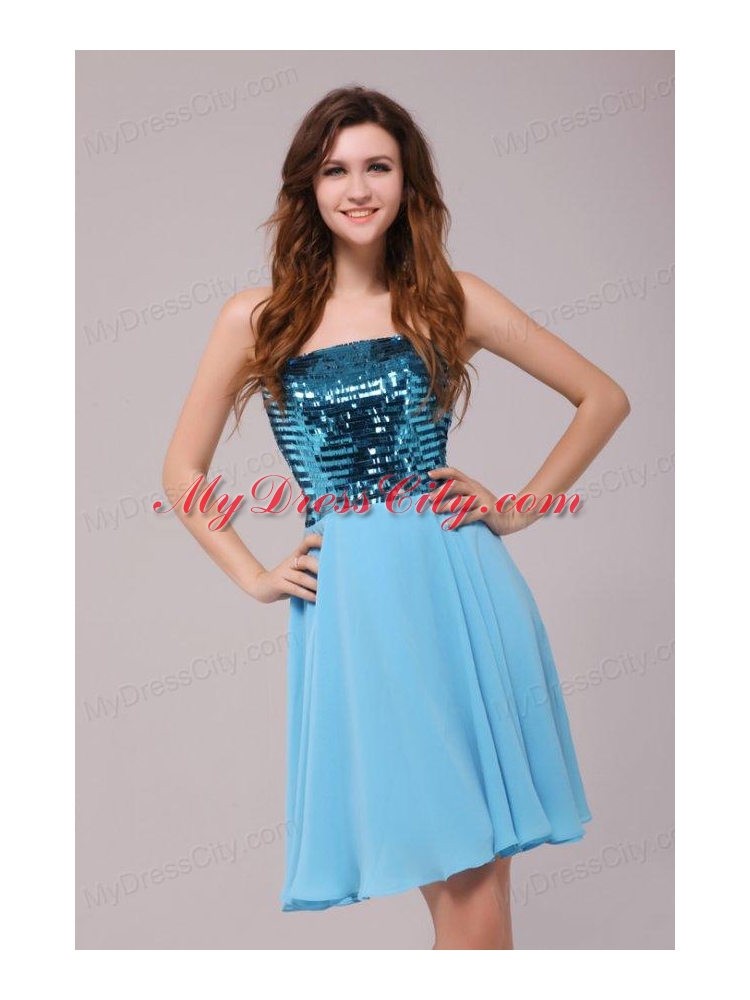 Empire Sequins Strapless Knee-length Light Blue Prom Cocktail Dress