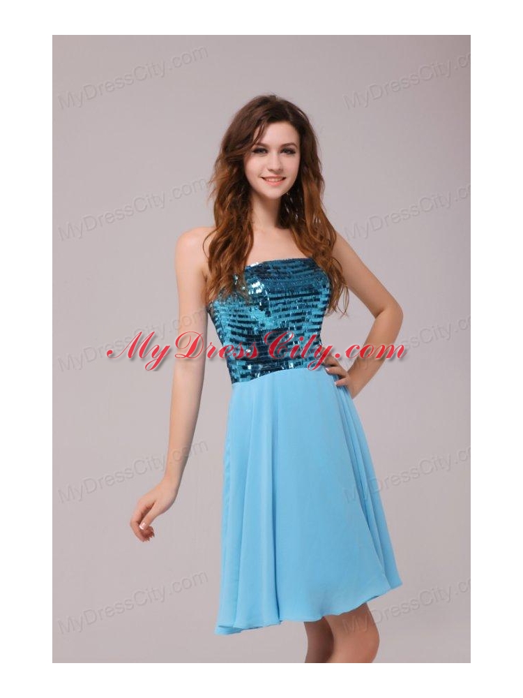 Empire Sequins Strapless Knee-length Light Blue Prom Cocktail Dress