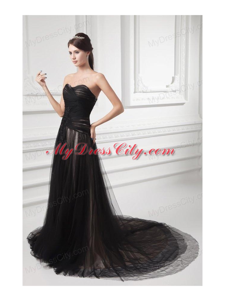 Formal Empire Sweetheart Court Train Black Tulle Ruching Prom Dress