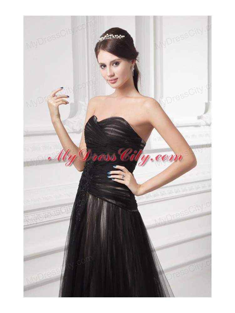 Formal Empire Sweetheart Court Train Black Tulle Ruching Prom Dress