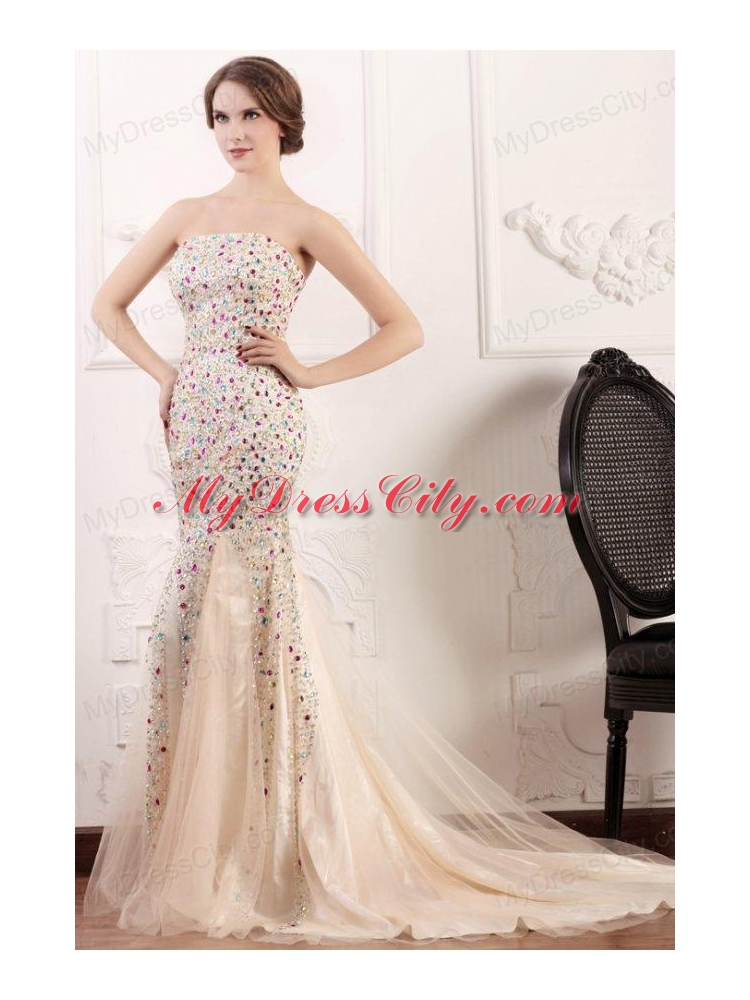 Mermaid Strapless Champagne Beading Court Train Prom Dress