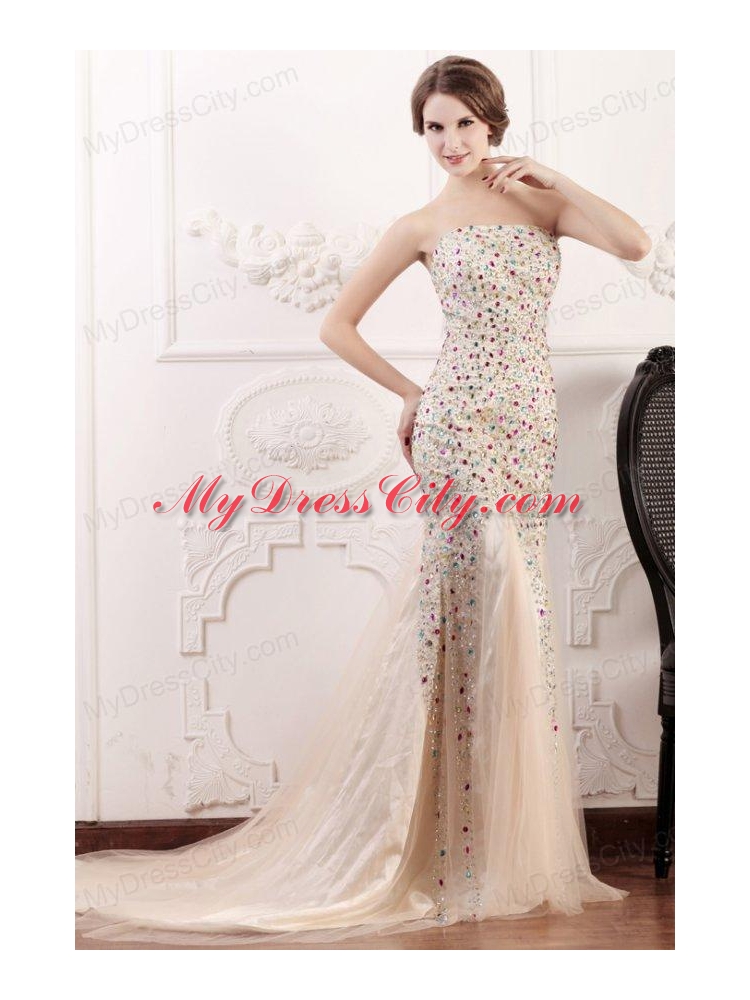 Mermaid Strapless Champagne Beading Court Train Prom Dress