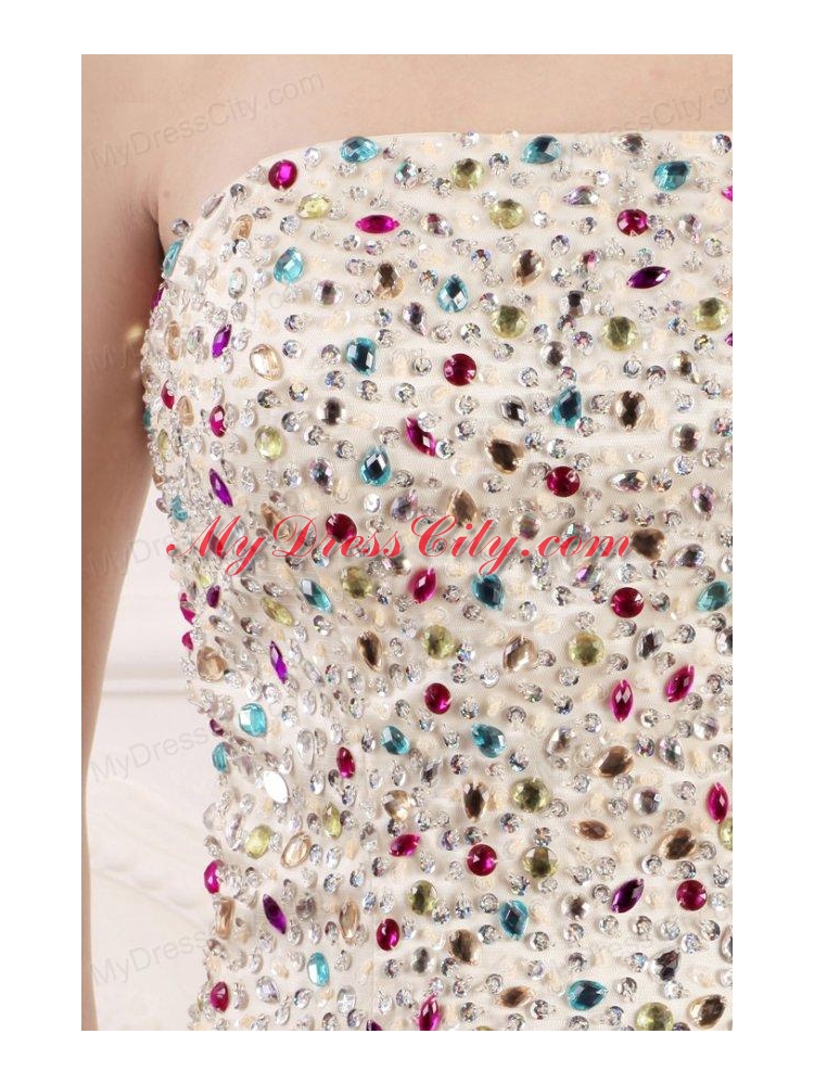 Mermaid Strapless Champagne Beading Court Train Prom Dress