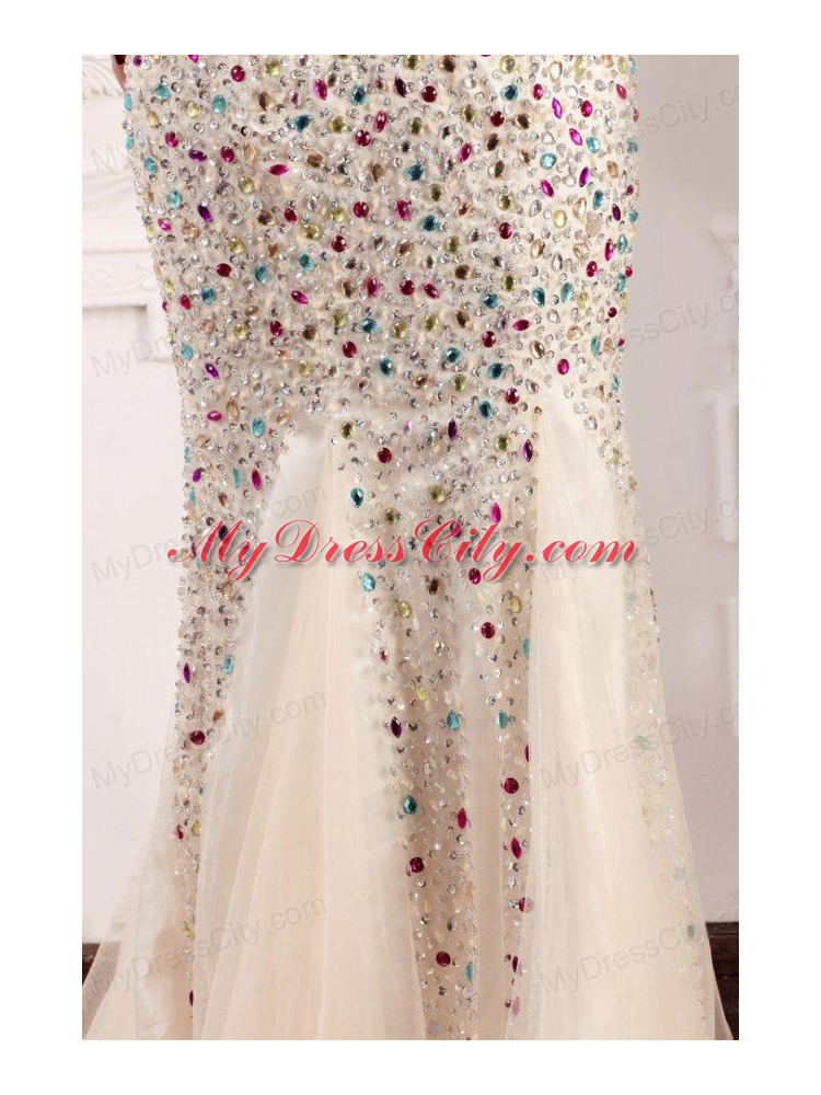 Mermaid Strapless Champagne Beading Court Train Prom Dress