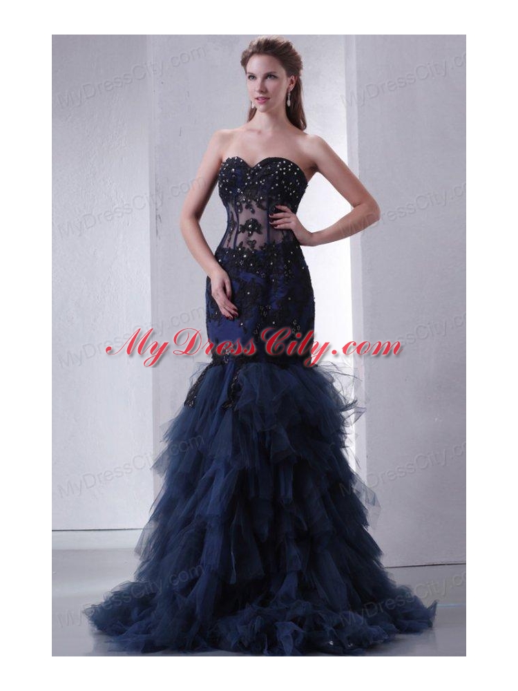 Navy Blue Mermaid Sweetheart Prom Dress with Appliques and Beading