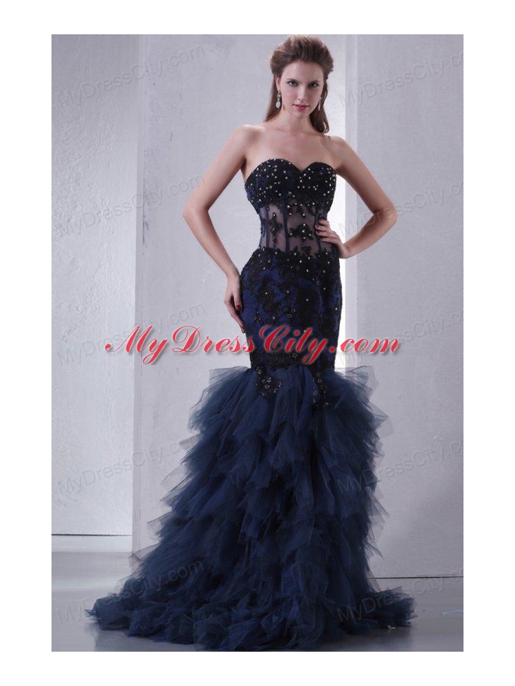 Navy Blue Mermaid Sweetheart Prom Dress with Appliques and Beading