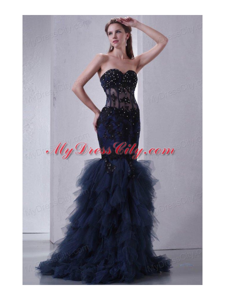 Navy Blue Mermaid Sweetheart Prom Dress with Appliques and Beading