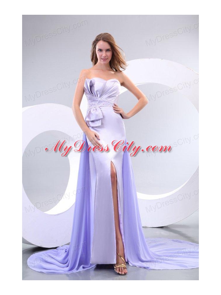 Popular Sweetheart Court Train Elastic Woven Satin Prom Dresses with Beading