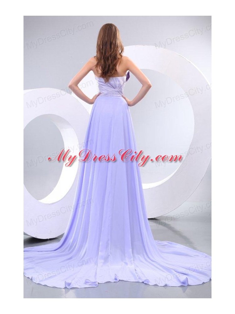 Popular Sweetheart Court Train Elastic Woven Satin Prom Dresses with Beading