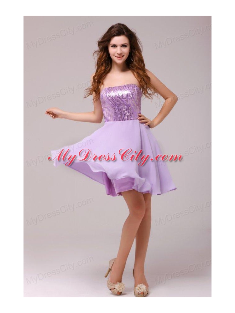 Purple Strapless Sequins Chiffon Knee-length Prom Dress