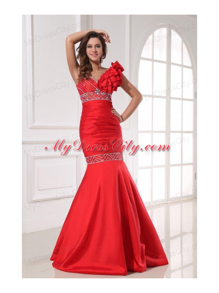 Sexy Mermaid One Shoulder Floor-length Beading Red Taffeta Prom Dress