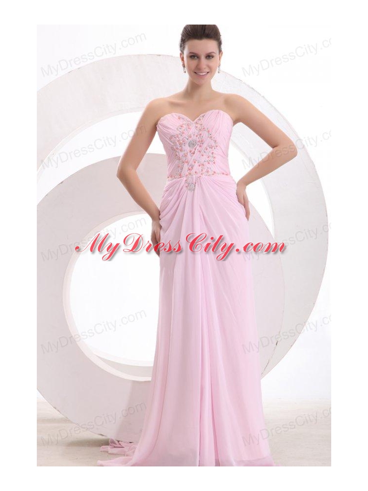 Sweetheart Empire Beaded Decorate Watteau Train Prom Dress in Baby Pink