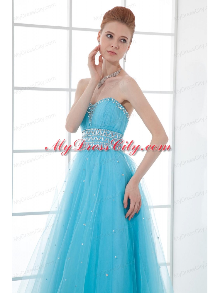 2014 Tulle A-line Sweathert Beading Baby Blue Belt Prom Dress