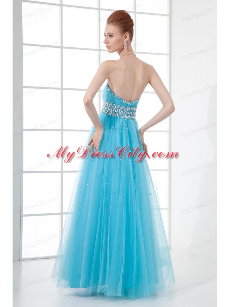 2014 Tulle A-line Sweathert Beading Baby Blue Belt Prom Dress