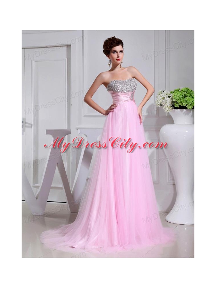 A-line Brush Train Beading Tulle Strapless Baby Pink Prom Dress