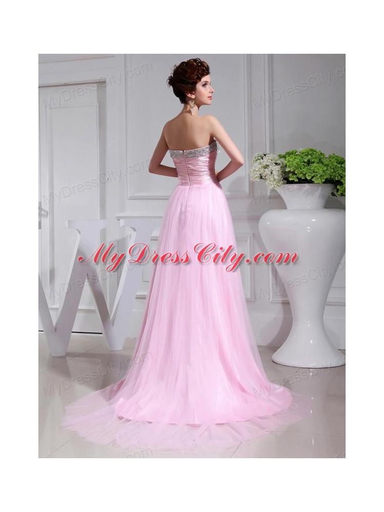 A-line Brush Train Beading Tulle Strapless Baby Pink Prom Dress