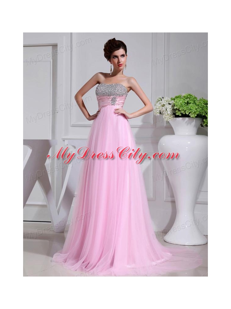 A-line Brush Train Beading Tulle Strapless Baby Pink Prom Dress