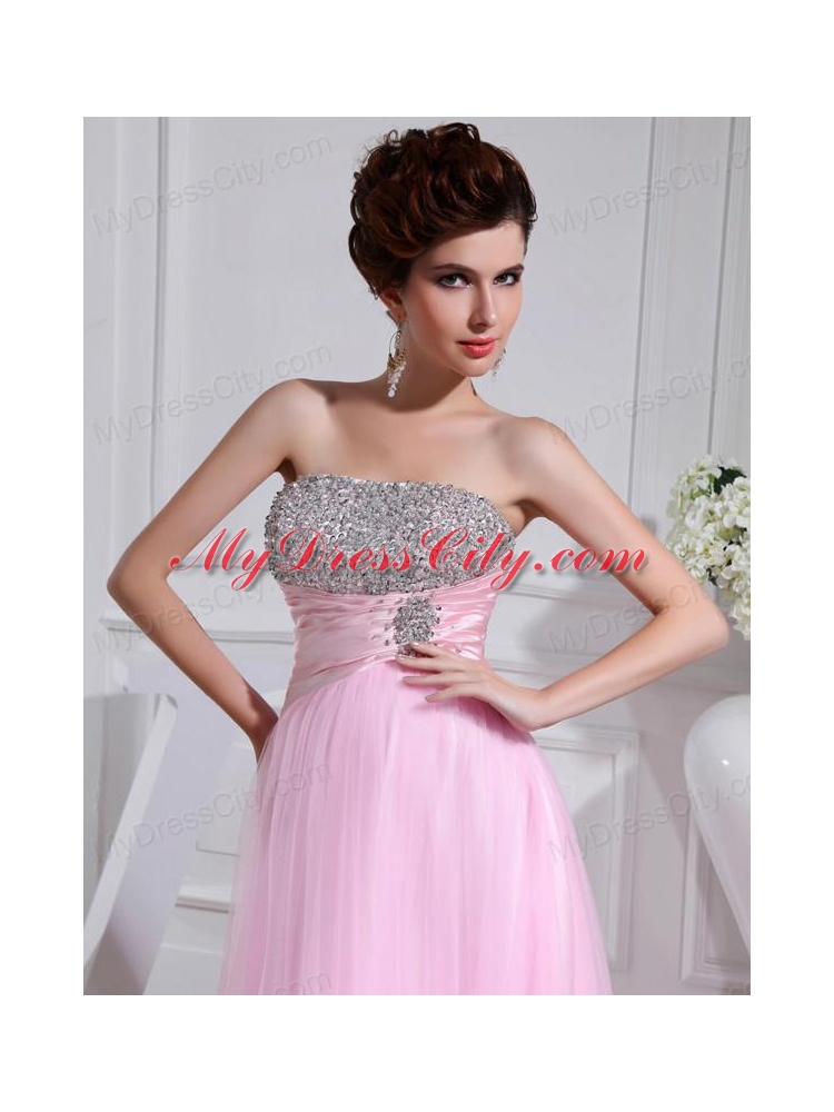 A-line Brush Train Beading Tulle Strapless Baby Pink Prom Dress