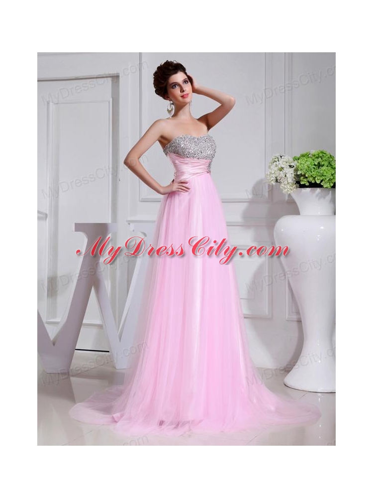 A-line Brush Train Beading Tulle Strapless Baby Pink Prom Dress
