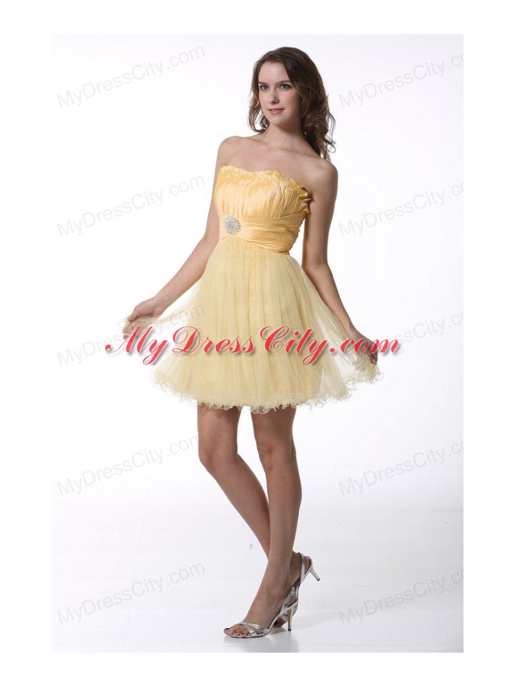 A-line Light Yellow Strapless Prom Dress with Ruching Mini-length