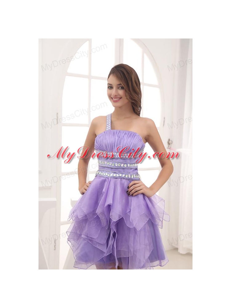 A-line One Shoulder Lavender Beading and Ruching Short Prom Dress