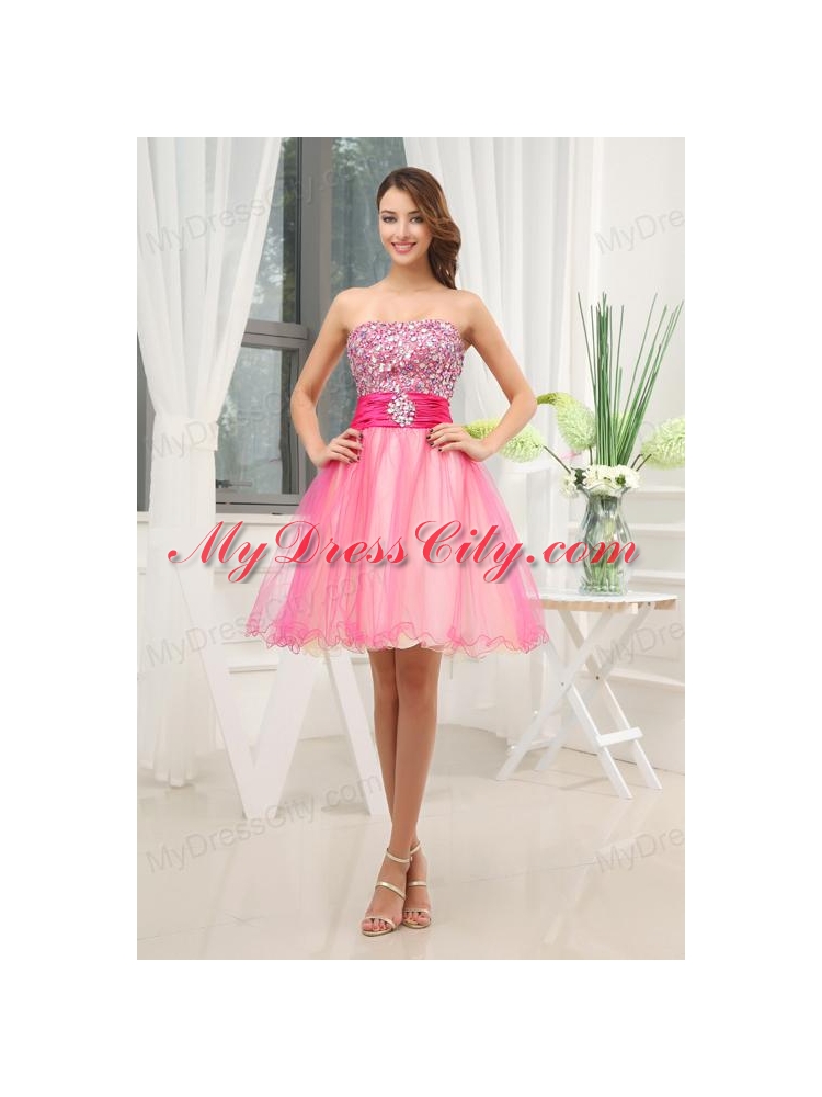 A-line Pink Strapless Beading Tulle Knee-length Prom Dress