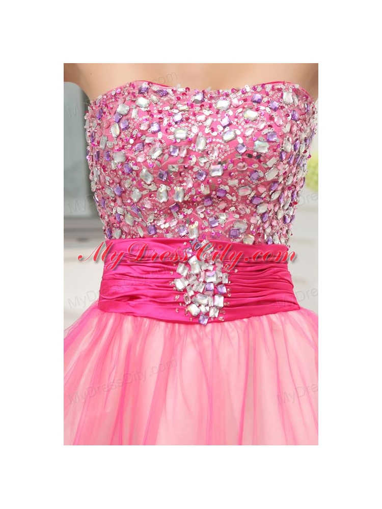 A-line Pink Strapless Beading Tulle Knee-length Prom Dress