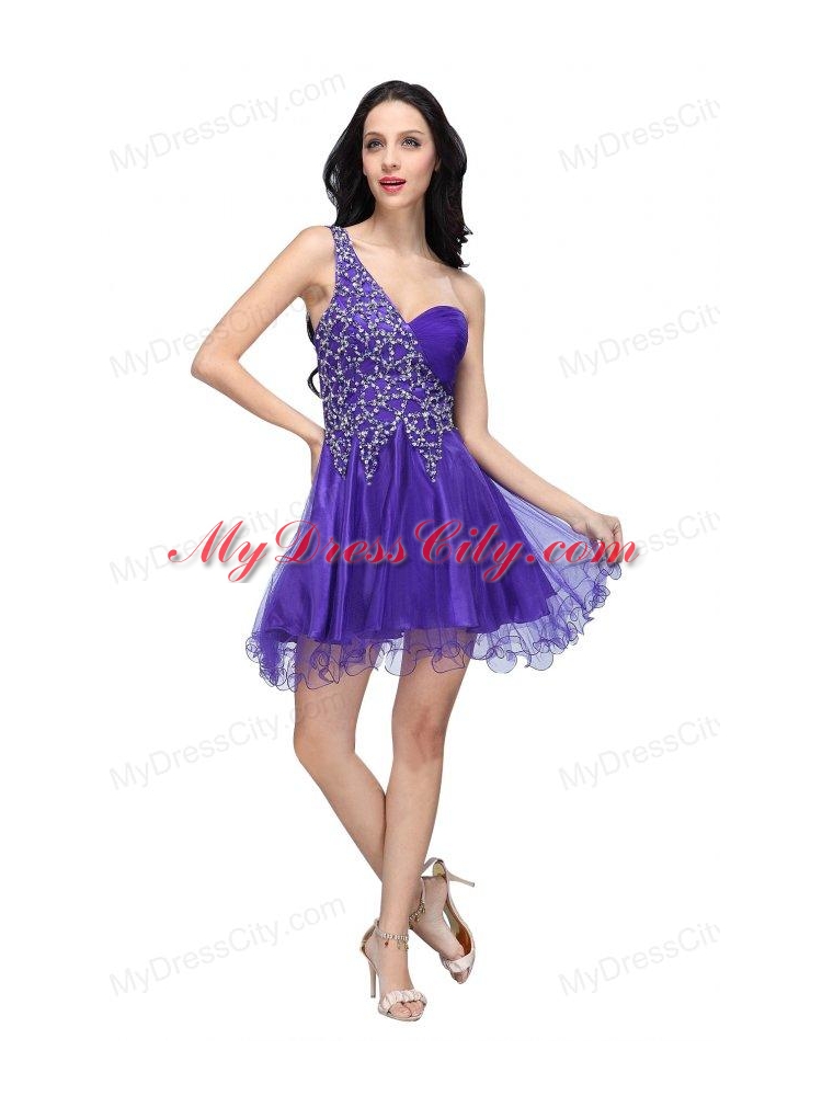 A-line Purple One Shoulder Beading Tulle Prom Dress