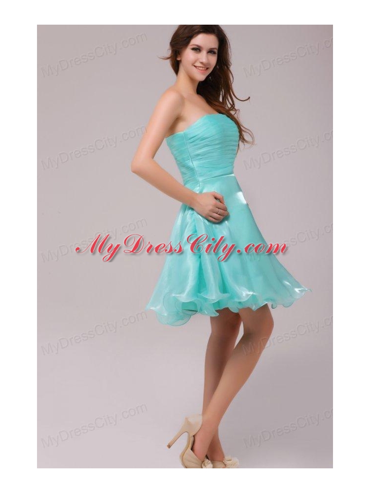 A-line Strapless Aqua Blue Organza Ruching Prom Dress