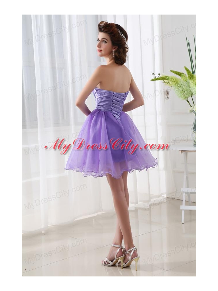 A-line Strapless Beading and Ruching Organza Prom Dress in Lavender