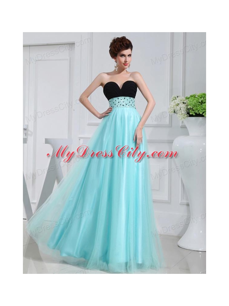 Column Beading Tulle Floor-length Strapless Aqua Blue Prom Dress