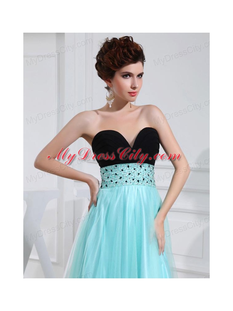 Column Beading Tulle Floor-length Strapless Aqua Blue Prom Dress