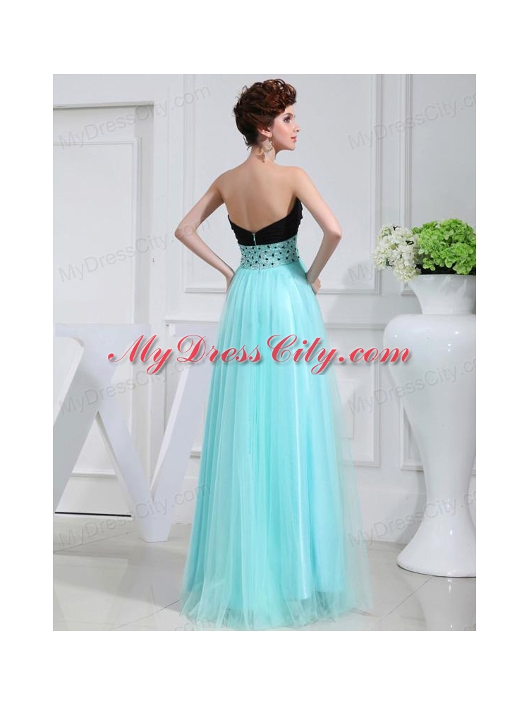 Column Beading Tulle Floor-length Strapless Aqua Blue Prom Dress