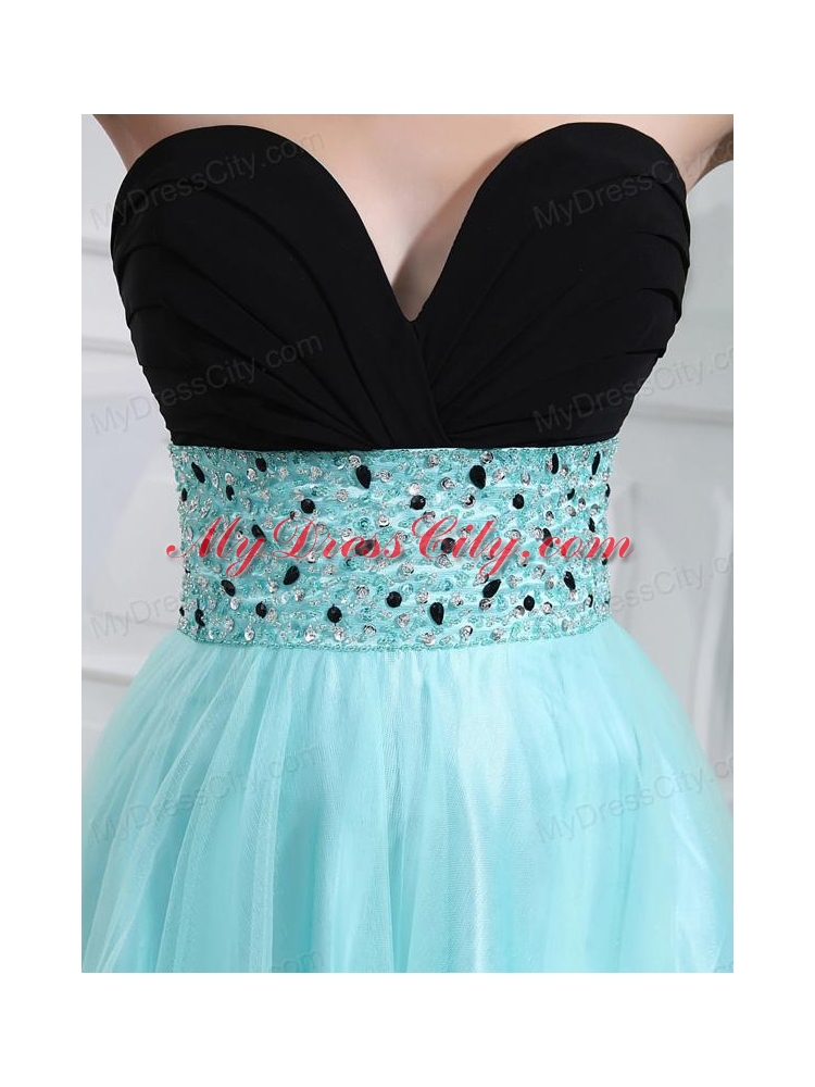 Column Beading Tulle Floor-length Strapless Aqua Blue Prom Dress