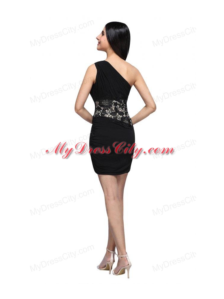Column Black One Shoulder Appliques Ruching Chiffon Prom Dress
