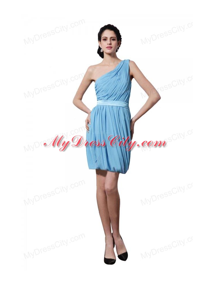 Column Light Blue One Shoulder Ruching Belt Mini-length Prom Dress