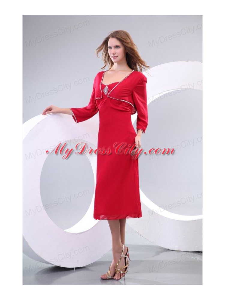 Column Red Strapless Knee-length Beading Chiffon Prom Dress
