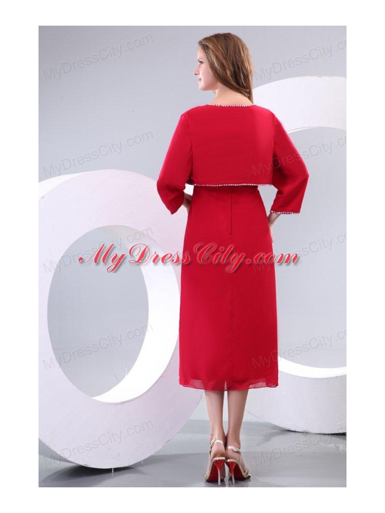 Column Red Strapless Knee-length Beading Chiffon Prom Dress