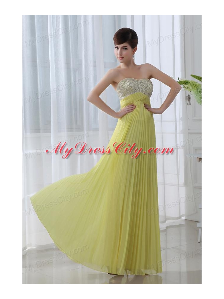 Empire Beading Sweetheart Beading Pleats Yellow Prom Dress