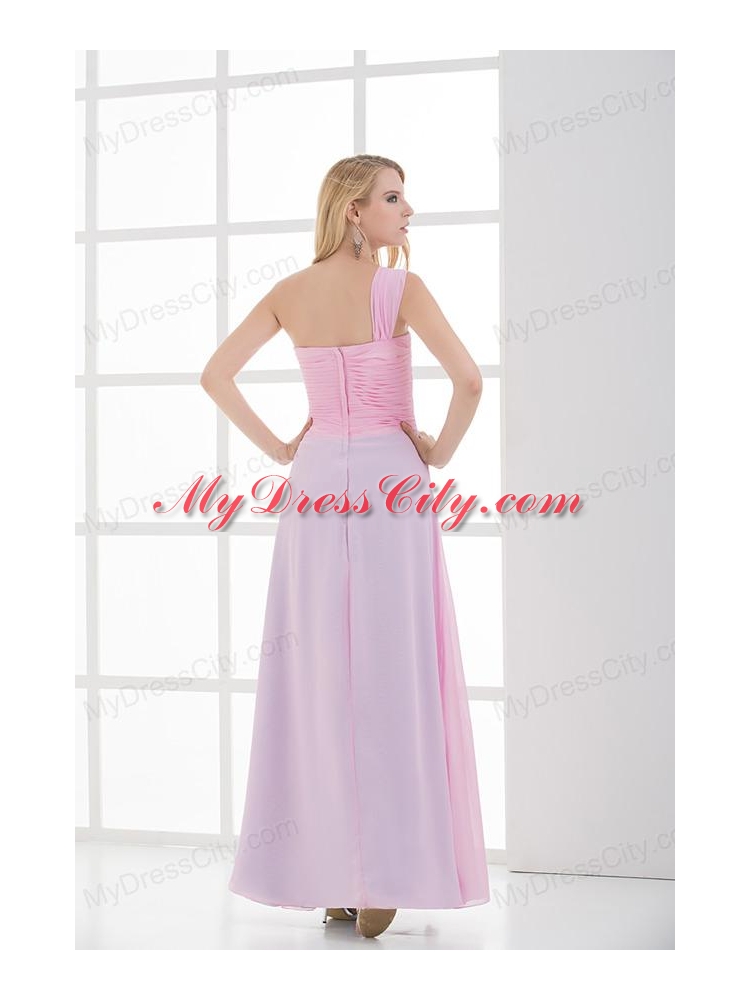 Empire One Shoulder Baby Pink and Blue Chiffon   Ruching Prom Dress