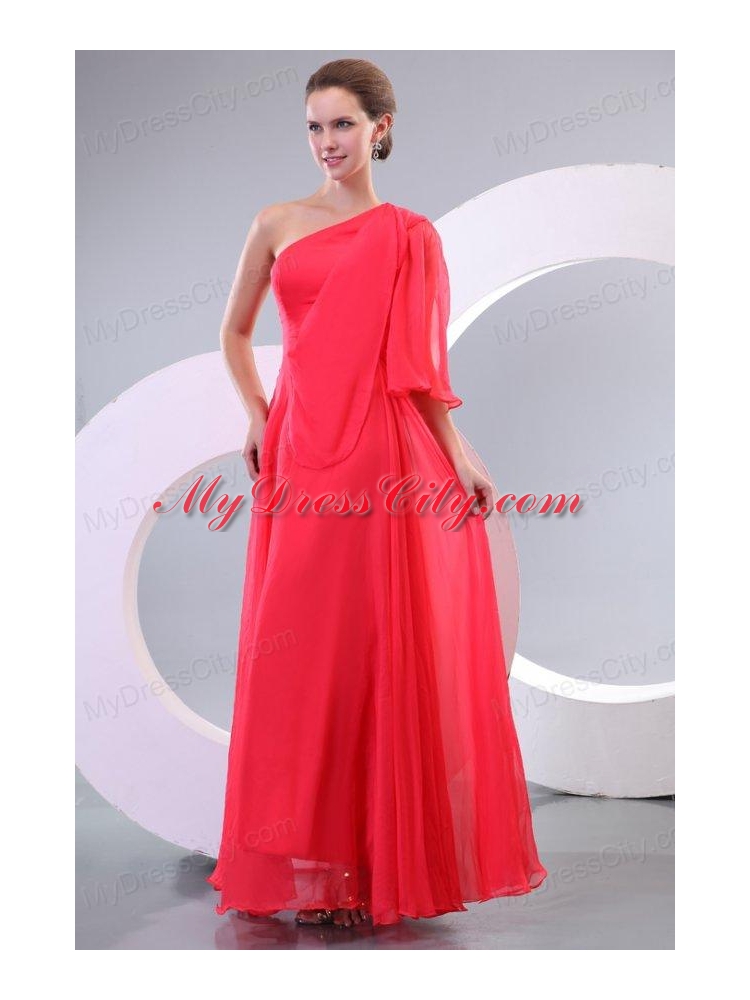Empire One Shoulder Floor-length 3/4-Length Sleeve Prom Dress in Coral Red