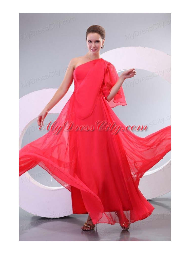 Empire One Shoulder Floor-length 3/4-Length Sleeve Prom Dress in Coral Red