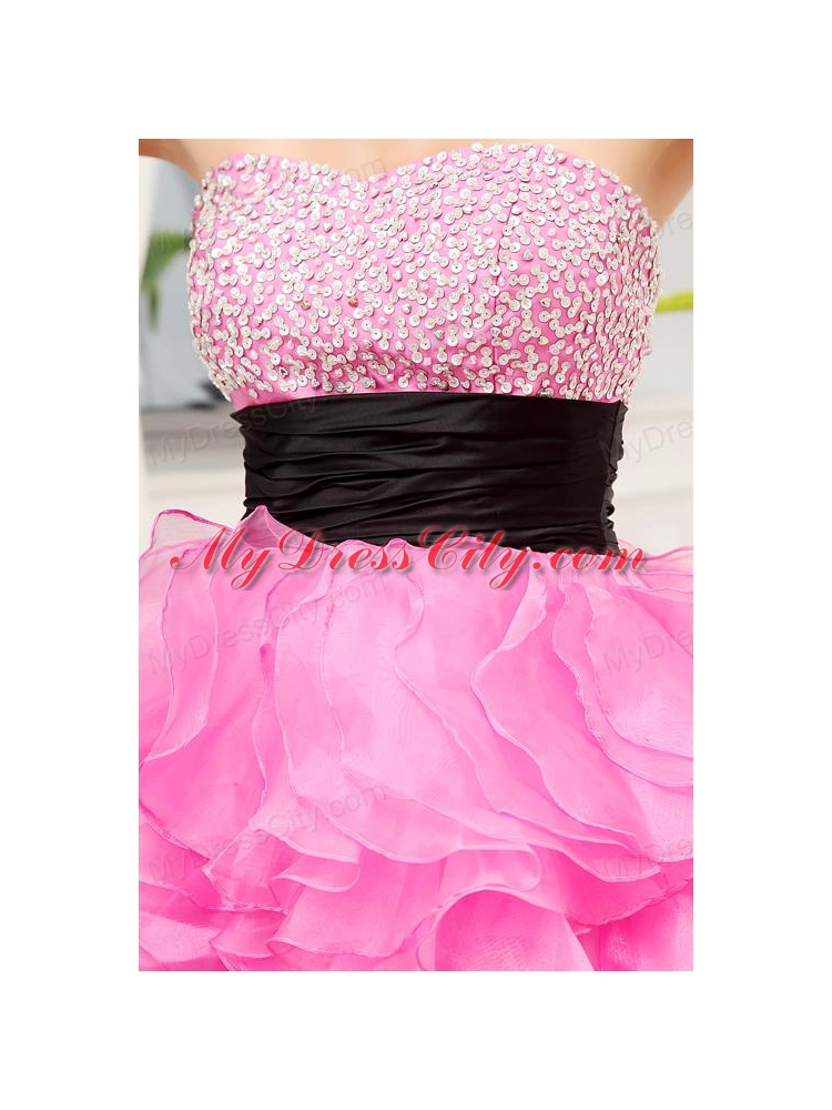 Hot Pink Strapless Belt Beading Ruffles High-Low Organza Prom Dress for 2014