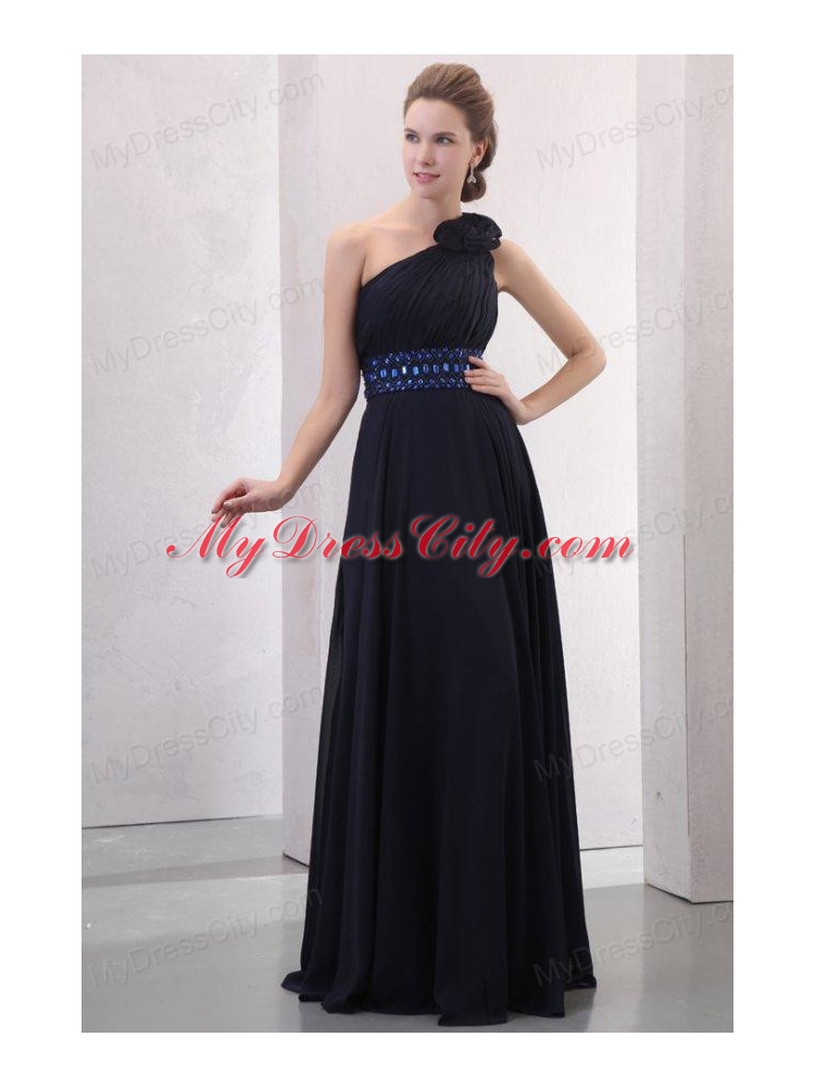 Navy Blue Empire One Shoulder Prom Dress with Beading and Flower