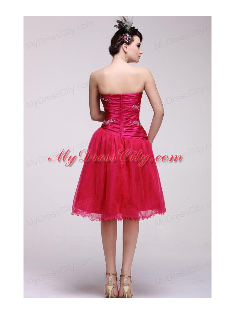 Pretty A-line Strapless Knee-length Beading Taffeta Hot Pink Prom Dress