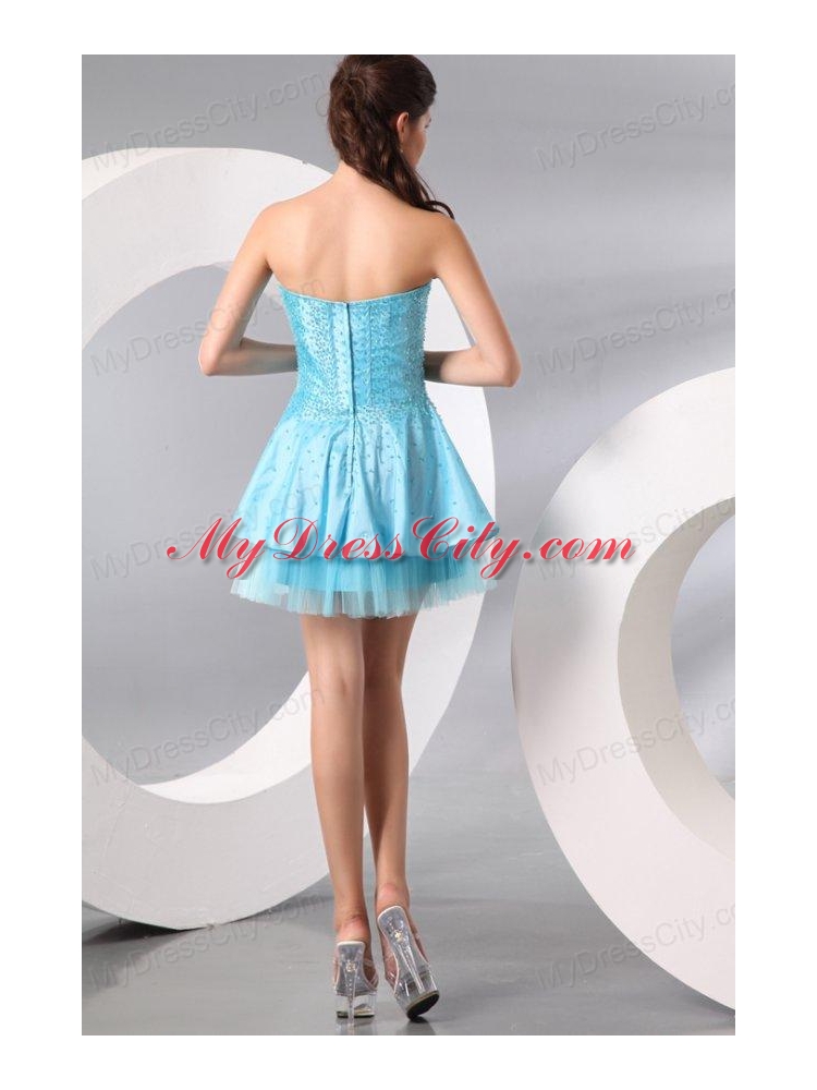 Princess Light Blue Sweetheart Mini-length Beading Prom Dress