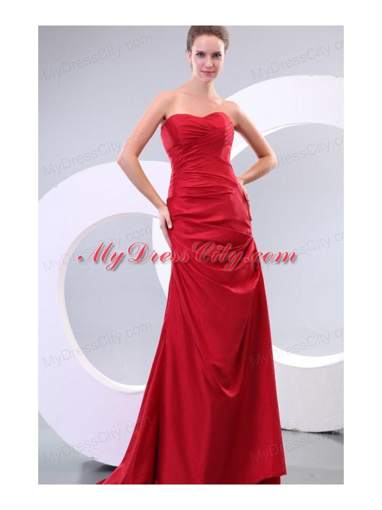 Red Column Sweetheart Brush Train Affordable Ruching Prom Dress with Lace Up