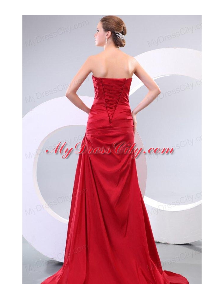 Red Column Sweetheart Brush Train Affordable Ruching Prom Dress with Lace Up